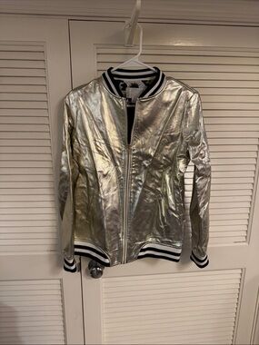 Xhilaration Gold Metallic Bomber Jacket with Black-and-White Trim